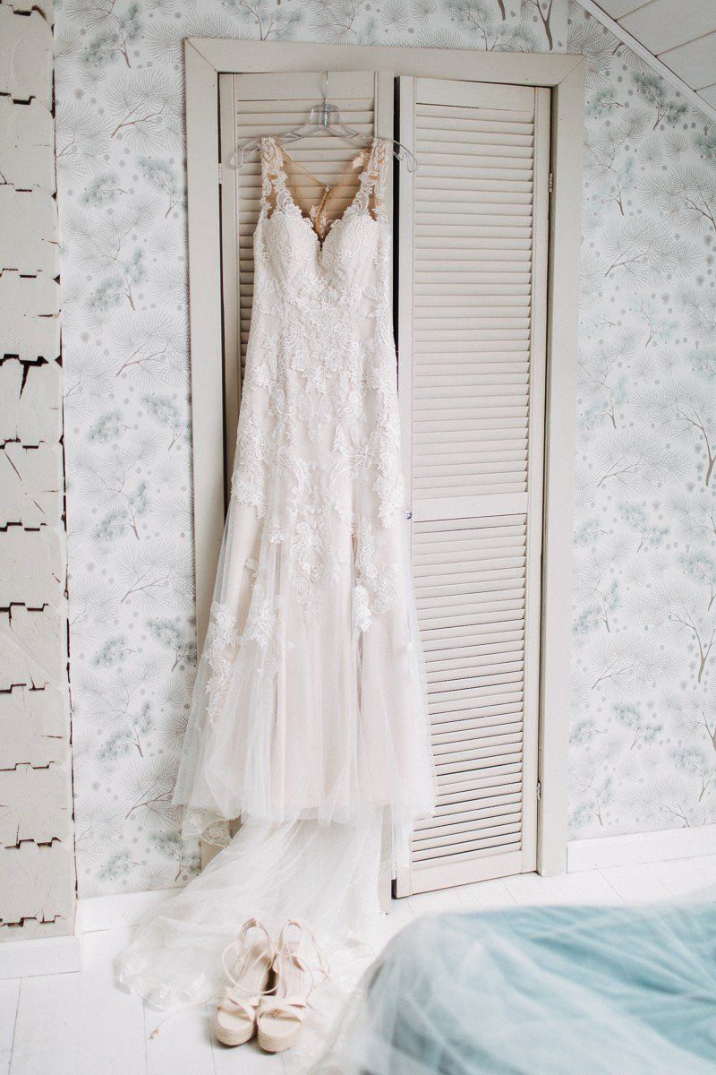wedding dress on a hanger